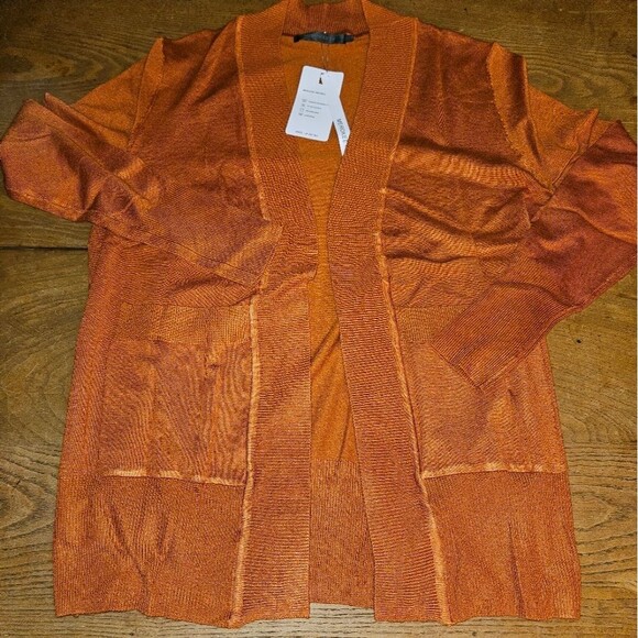 MEROKEETY Women's Small Orange Open Front Pocketed Ribbed Cardigan Sweater NEW - Picture 3 of 11